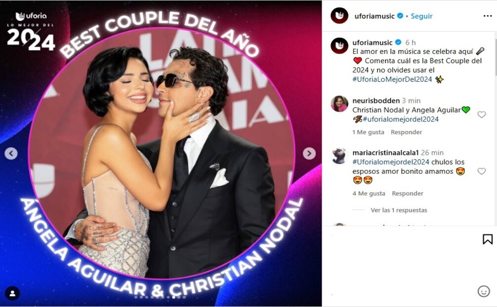 Ángela Aguilar y Christian Nodal nominación "Mejor Pareja del Año". Foto: Instagram @uforiamusic